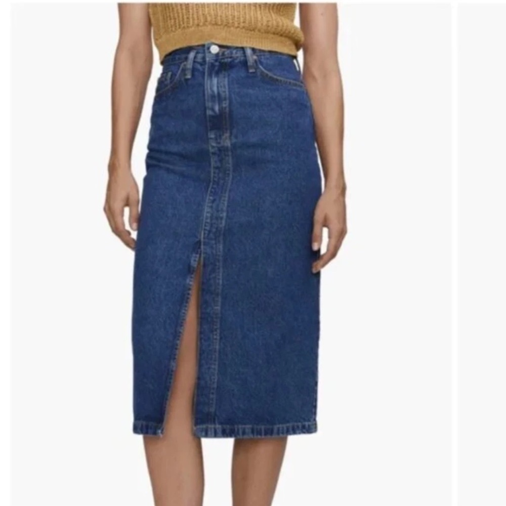 Mango Womens Denim Slit Skirt Medium Dark Wash Straight Midi Jean Small NWOT
